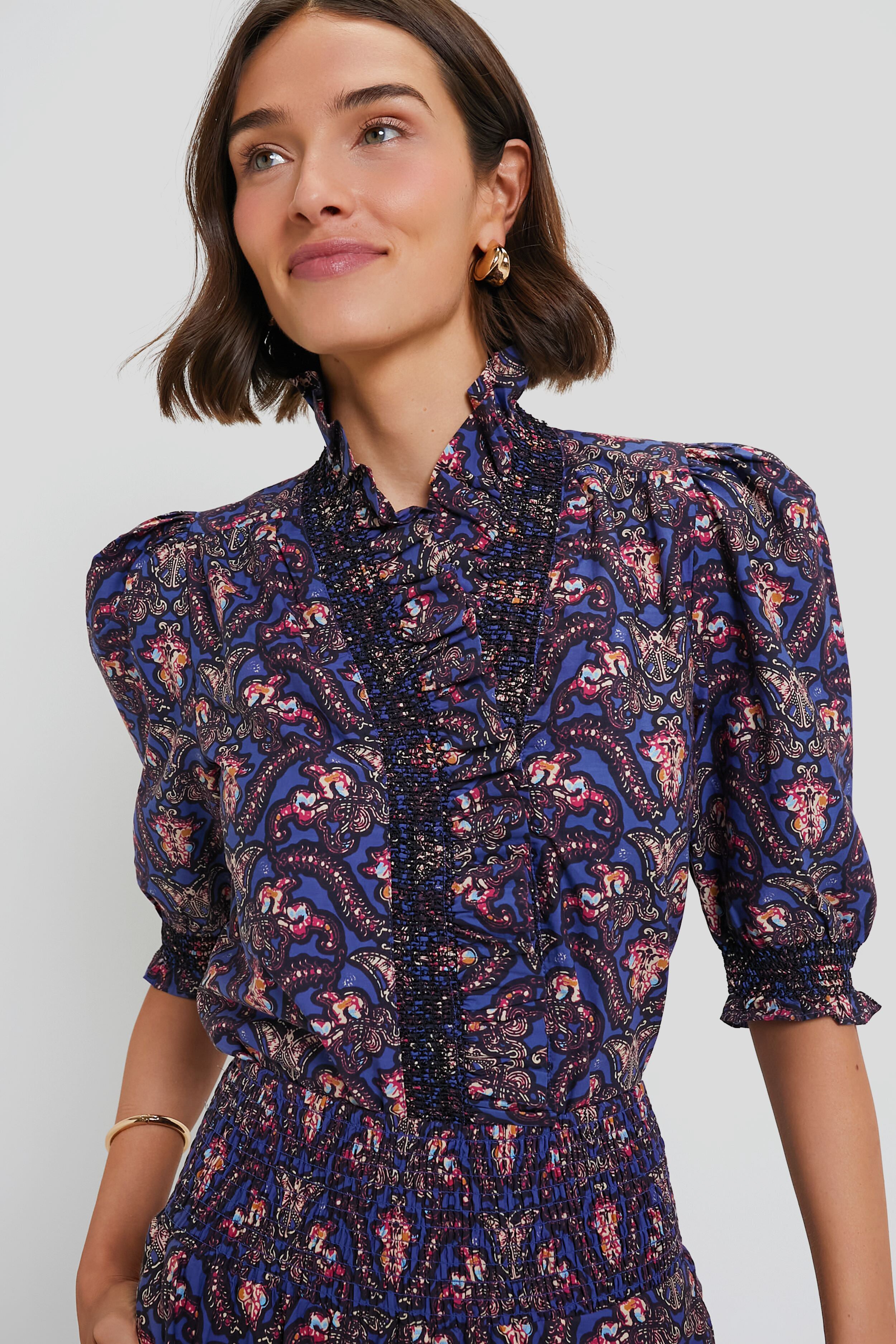 New Love The Label Smocked Poplin Peplum Blouse $175 buy SMALL Blue