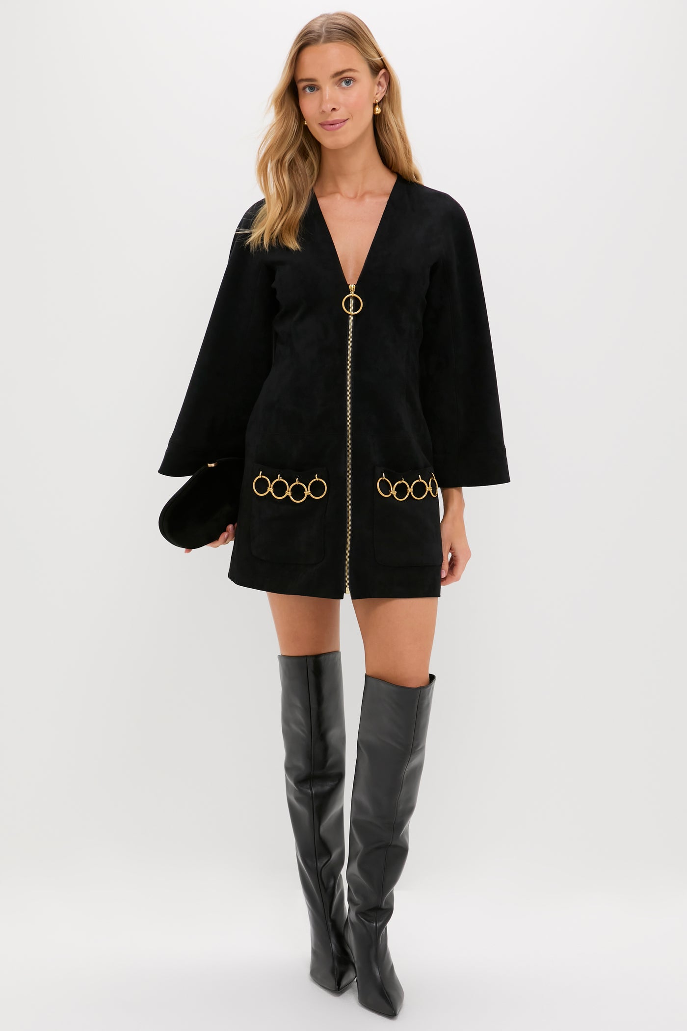 Black Anesa Suede Zip-Front Mini Dress