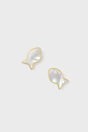 A pair of gold-colored earrings, features an iridescent mother of pearl center in a fish shape.