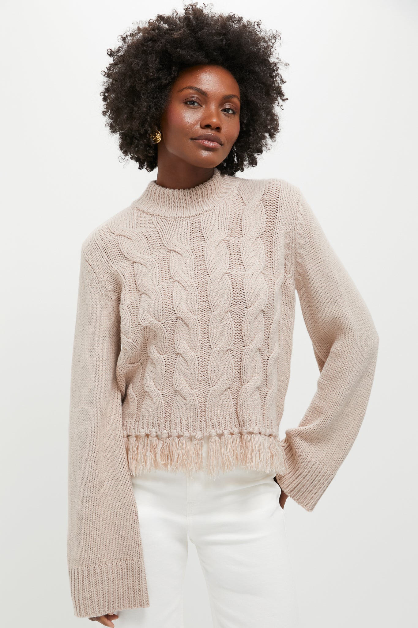 アキラナカ Lucia tape fringe knit pullover BK Indigo Cable Knit Fringe Sweater | LOVESTITCH