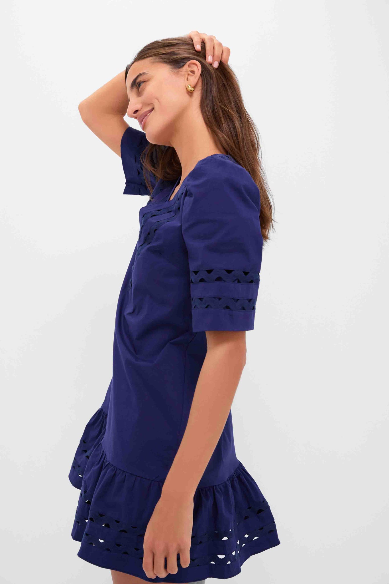 Navy V-Neck Puff Sleeve Mini Dress