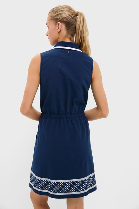 Navy and White Embroidered Sleeveless Performance Seersucker Alcott Golf Dress