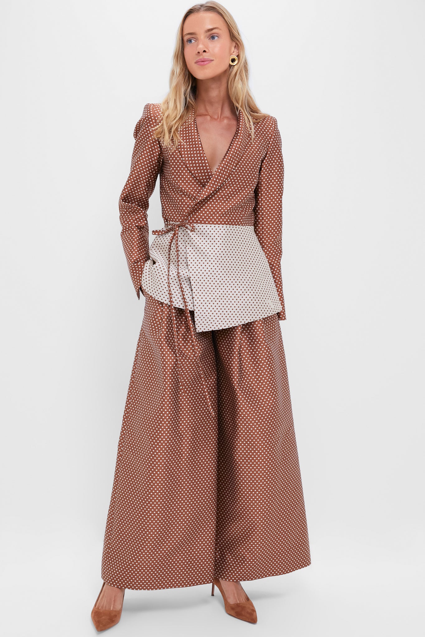 Brown and Cream Wide Leg Pleat Pleat Pants