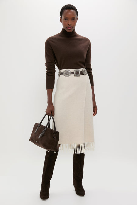 Cream Herringbone Midi Pencil Skirt