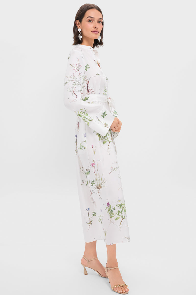 Botanical Garden White Long Sleeve Tie Waist Midi Dress