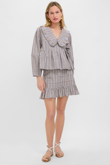 Dove Stripe Linen Ruffle Amira Mini Skirt