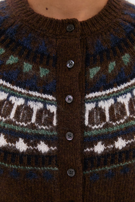 Chestnut Amina Fairisle Sweater: A classic, effortless knit cardigan with geometric yoke design, round buttons, and a fun, high-end flair, embodying Tuckernuck's cool style.