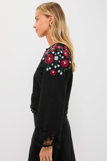 Black Rosaline Embroidery Long Sleeve Button Up Top