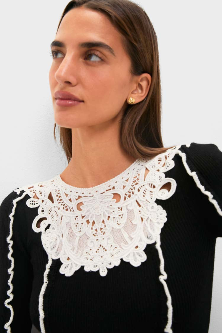 Black Vania Lace Long Sleeve Midi Knit Dress