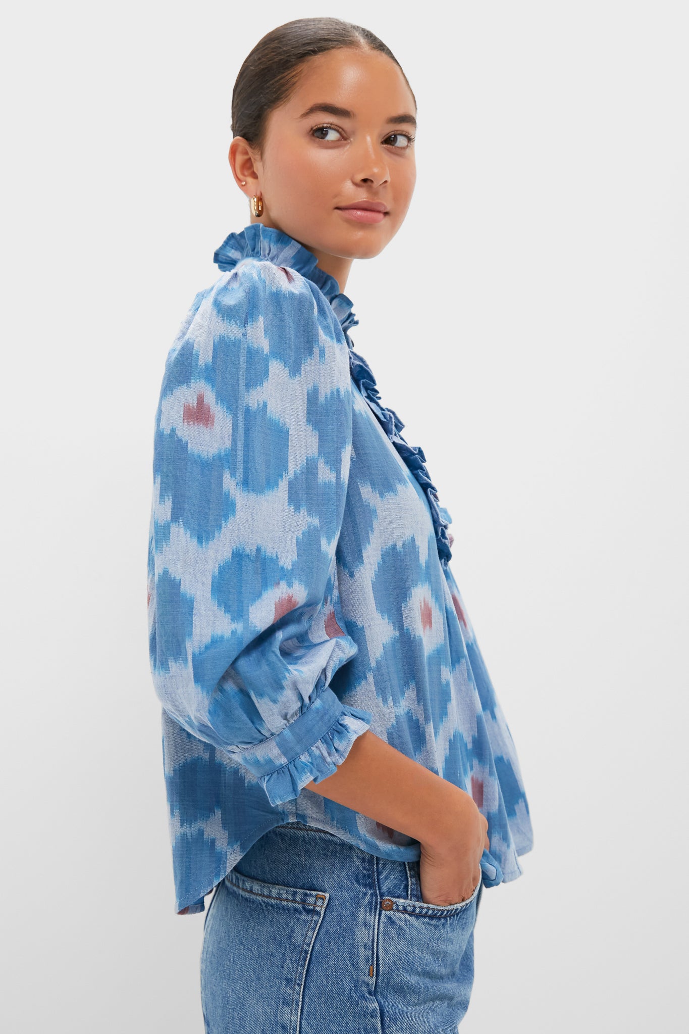 Jinja Blue Ruffle Front Button Blouse | Oliphant