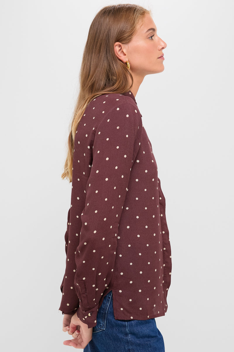 Night Print Crepe Shirt: A classic, effortless burgundy blouse with playful polka dots, perfect for a fun, high-end look when paired with denim.