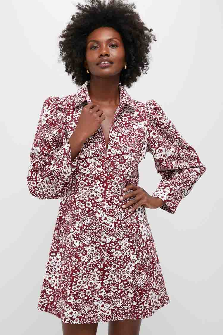 Maroon Floral Front Zip Begonia Mini Dress