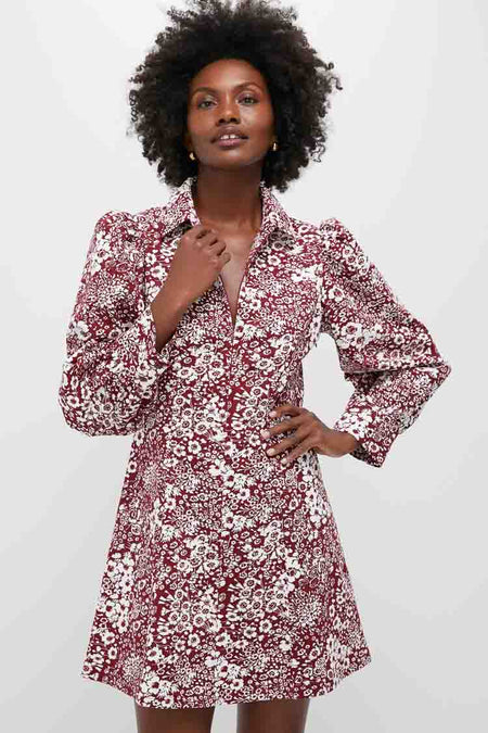 Maroon Floral Front Zip Begonia Mini Dress