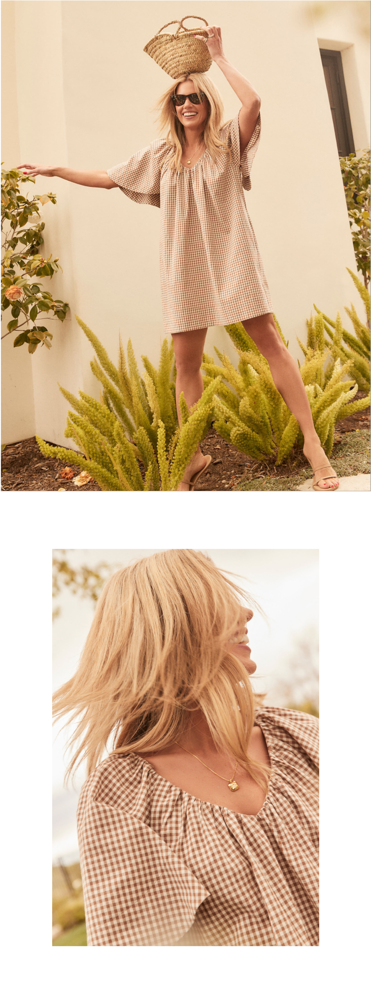 Shea McGee in a brown and white gingham mini dress with a gathered V-neck and flutter sleeves 