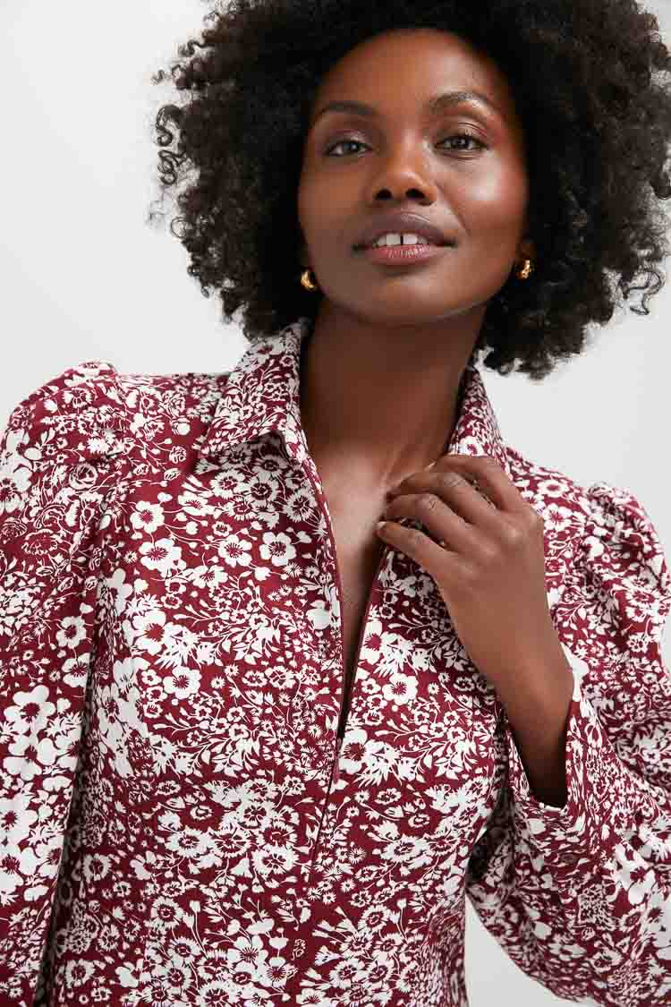 Maroon Floral Front Zip Begonia Mini Dress