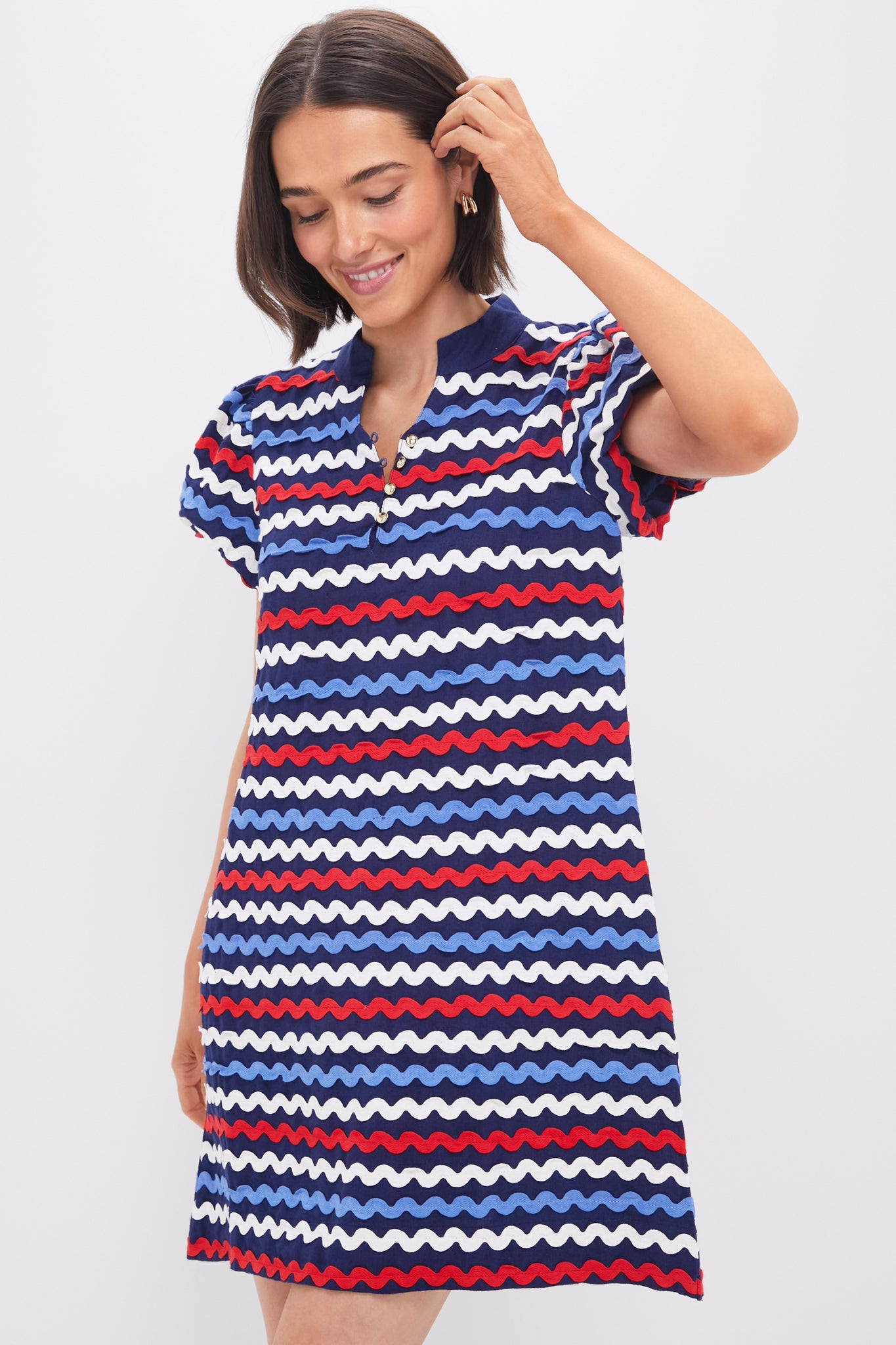 Navy Multi Ric-Rac Button Front Mini Dress
