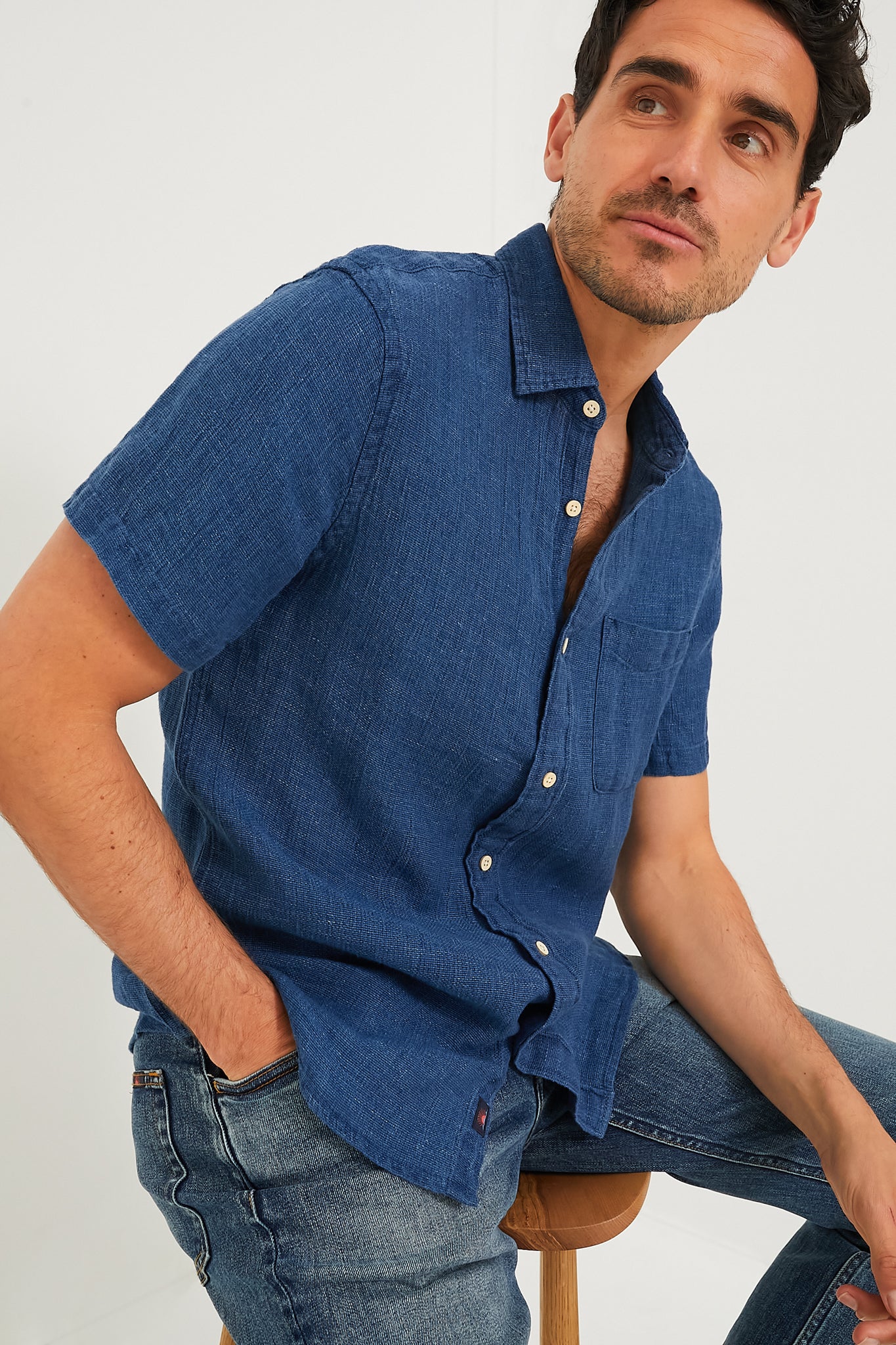 Indigo Basketweave Short Sleeve Palma Linen Shirt