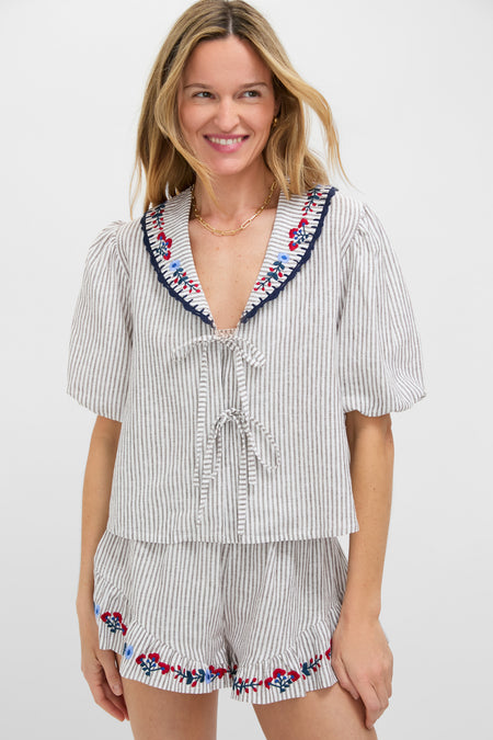 Tan Stripe Embroidered Falyn Top