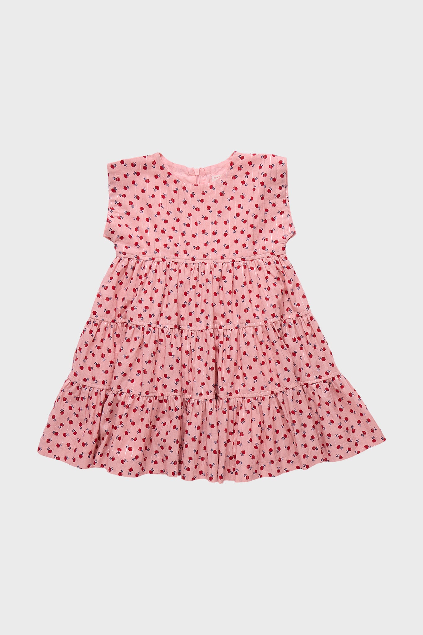 Girls Peachy Dress: A classic, effortless sleeveless pink dress with a fun, high-end triple-tiered silhouette and floral print, featuring cap sleeves and silver lurex detailing.