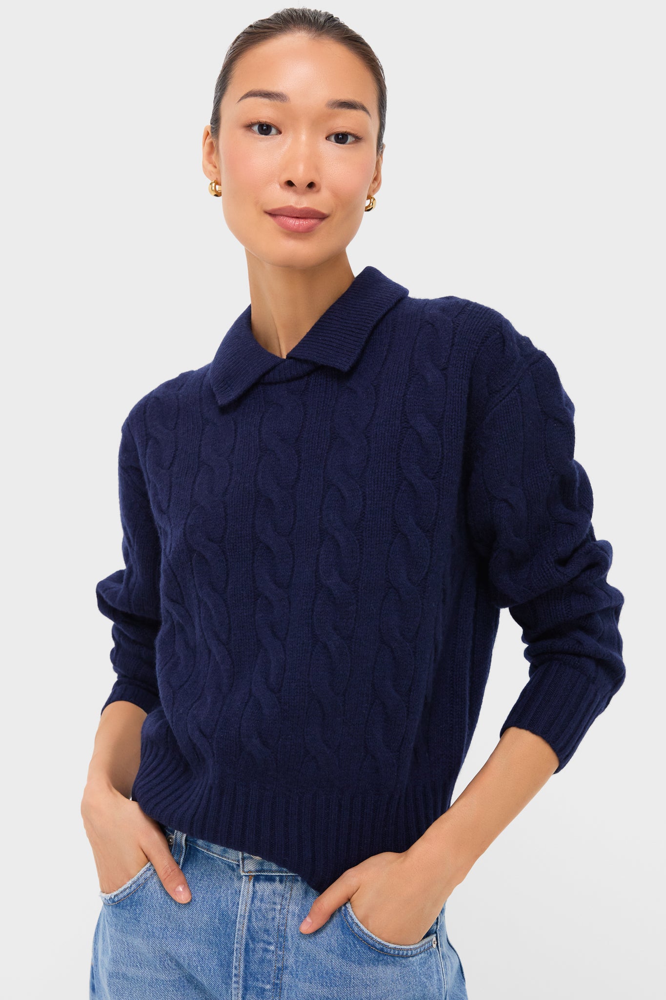 Hunter Navy Long Sleeve Collared Pullover Sweater