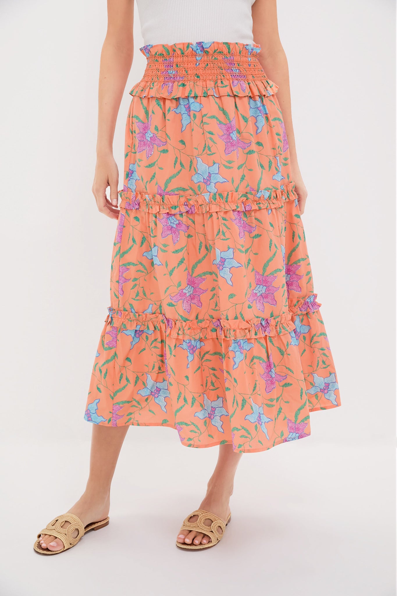 スカート Hyacinth Skirt Orange Multi Floral Smocked Odette Maxi Skirt | Hyacinth House