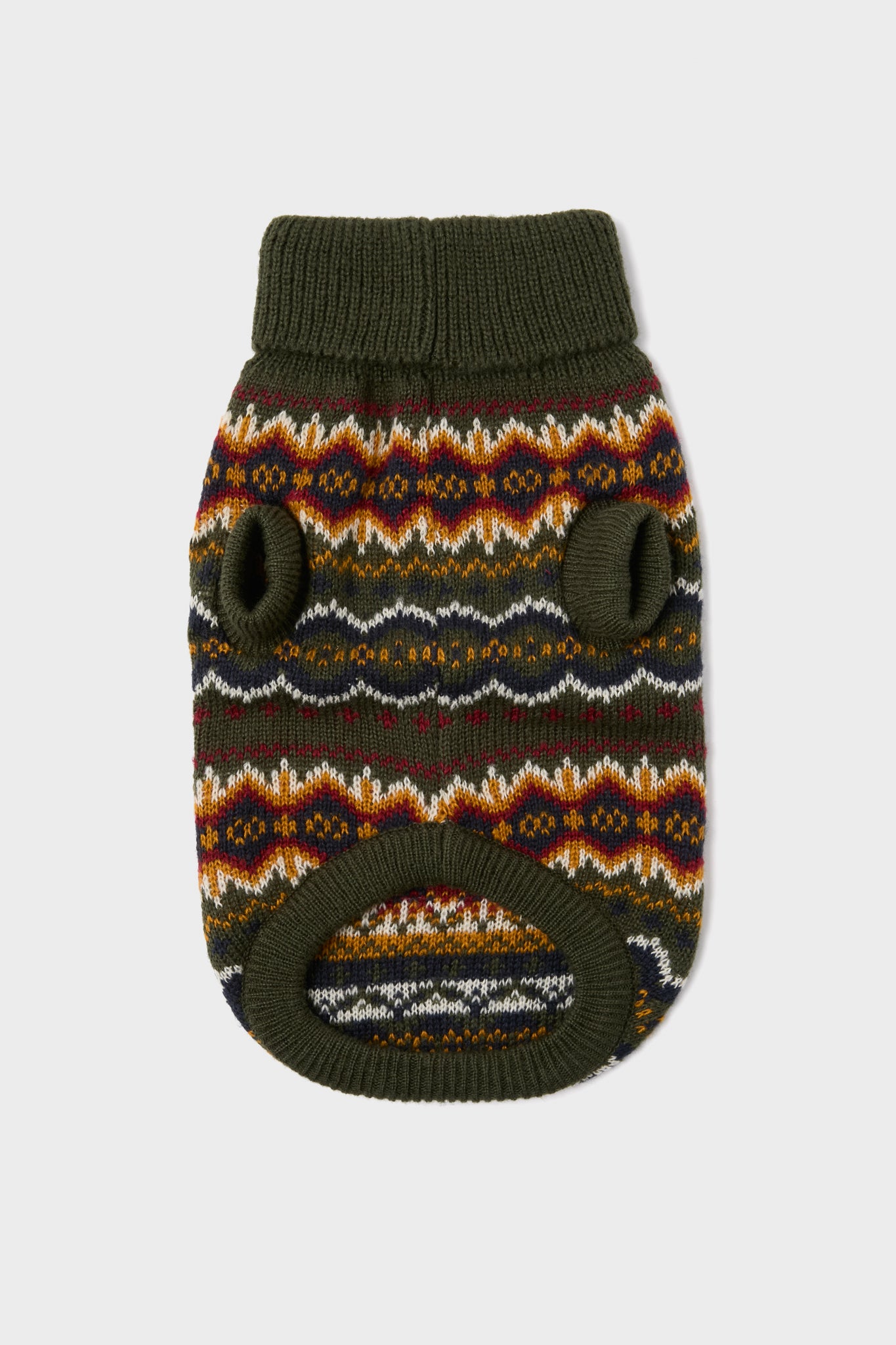 The Barbour knitted dog jumper features a multicolored geometric pattern and openings for legs, neck, and bottom—an ideal dog accessory. Shown on a white background.