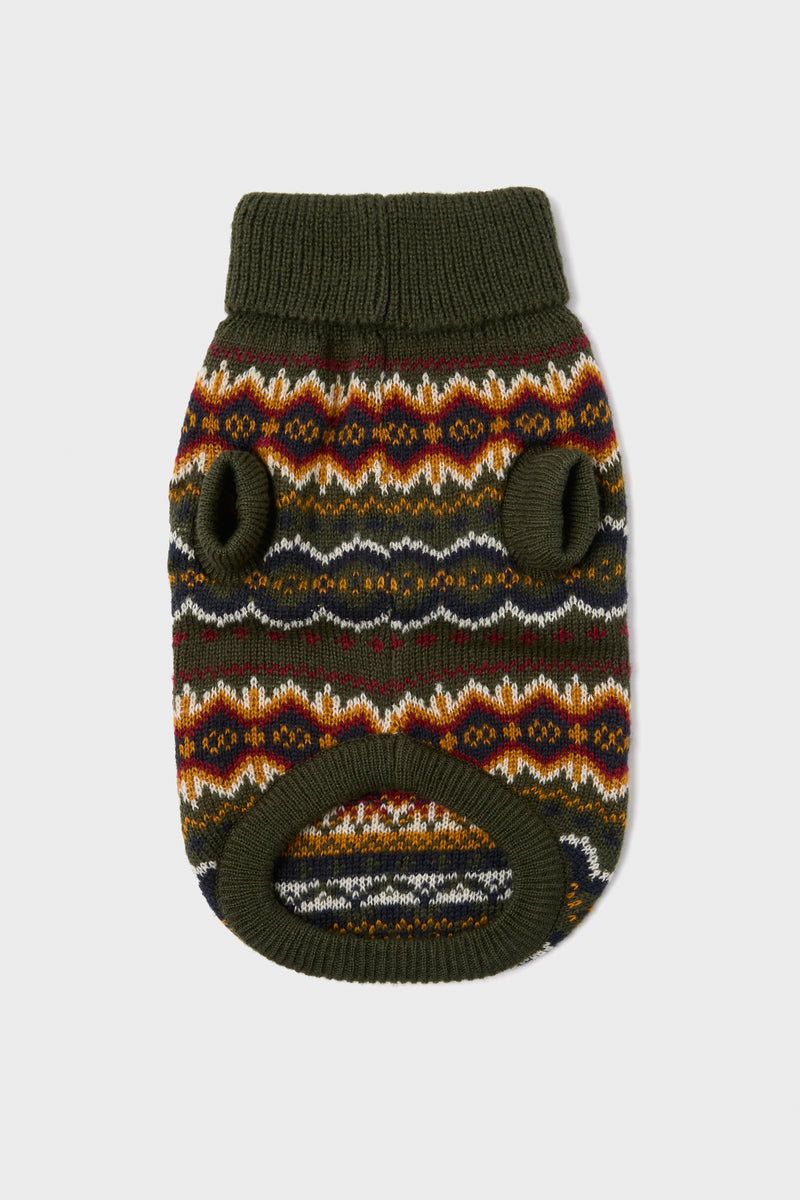 The Barbour knitted dog jumper features a multicolored geometric pattern and openings for legs, neck, and bottom—an ideal dog accessory. Shown on a white background.