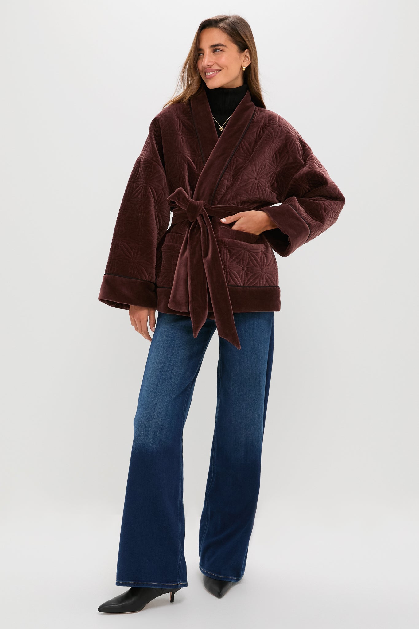 Chocolate Quilted Velvet Simone Wrap Jacket | Tuckernuck
