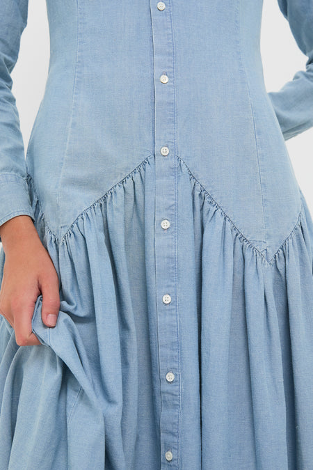 Pacific Blue Chambray Woven Collared Long Sleeve Shirt Dress