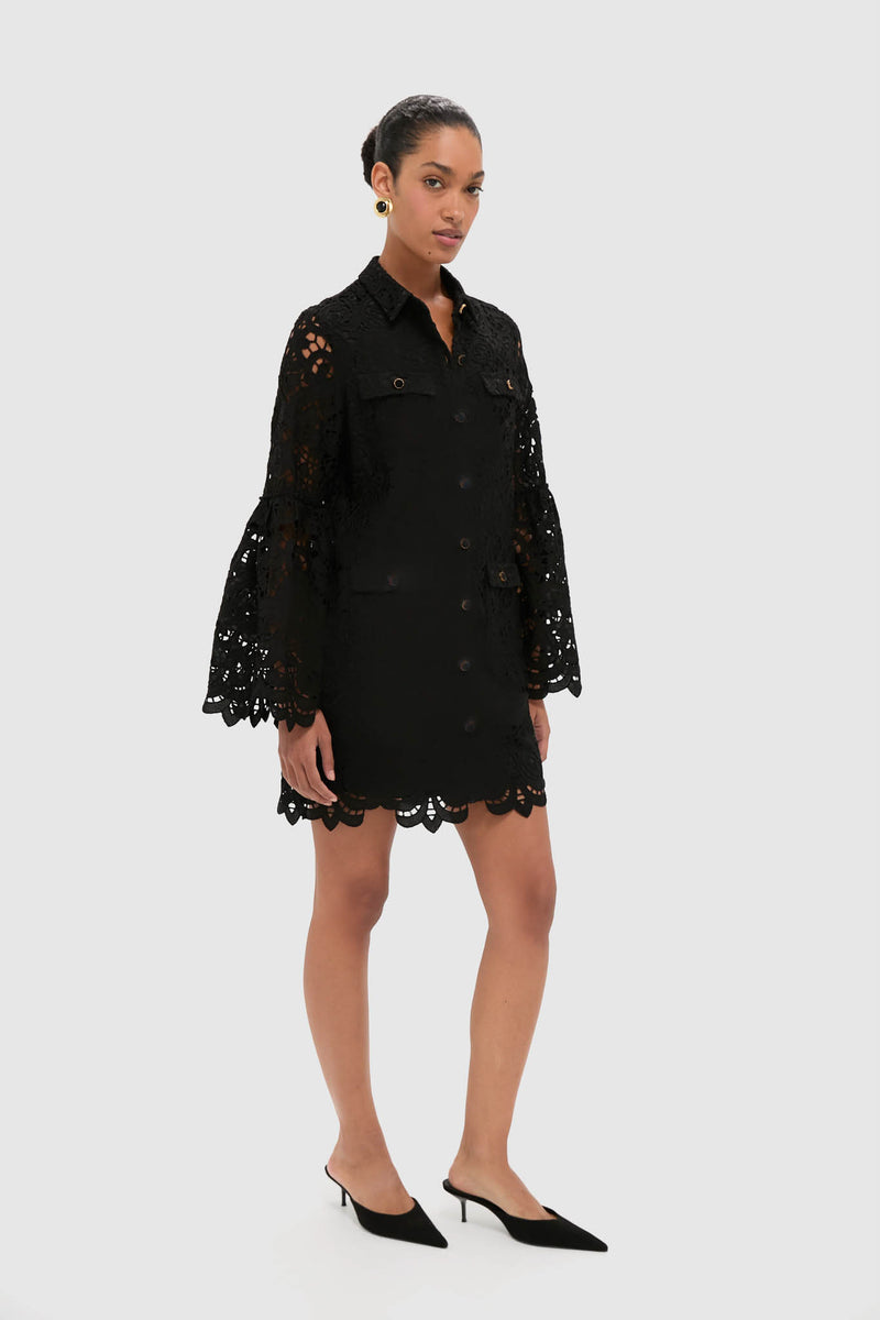 Black Lace Long Sleeve Rachael Mini Dress with intricate lace details, classic silhouette, and scalloped hem, styled effortlessly with kitten-heel mules for a fun, high-end look.