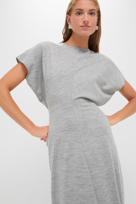 Light Smoke Heather Wool Jersey Knit Crew Neck Short Sleeve A-Line Dress
