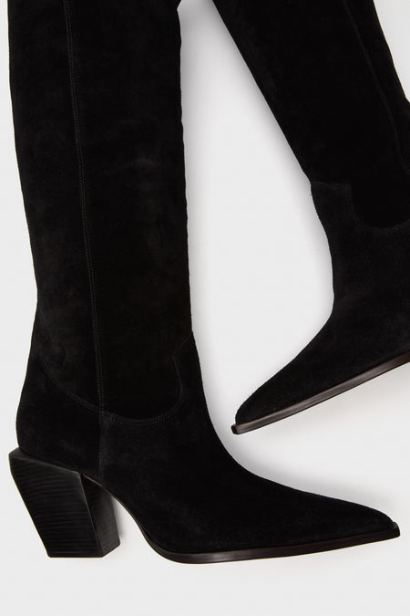 Black Suede Maine Up Boots: classic mid-calf cowboy style with pointed toes and angled block heels for an effortless, high-end look that's fun and statement-making.