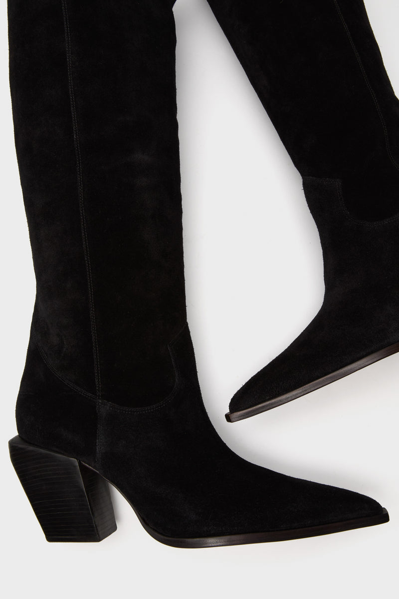 Black Suede Maine Up Boots: classic mid-calf cowboy style with pointed toes and angled block heels for an effortless, high-end look that's fun and statement-making.