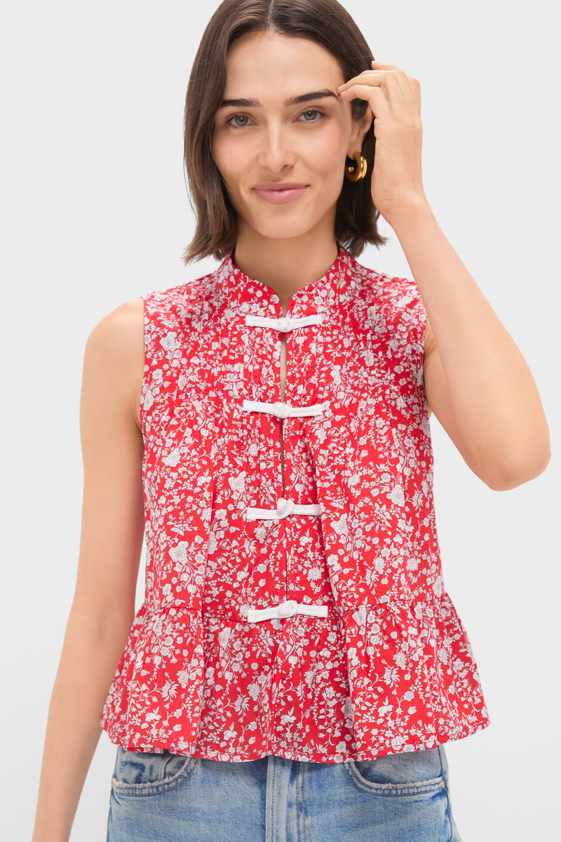 Red Lucille Liberty Print Knot Loop Tank Top