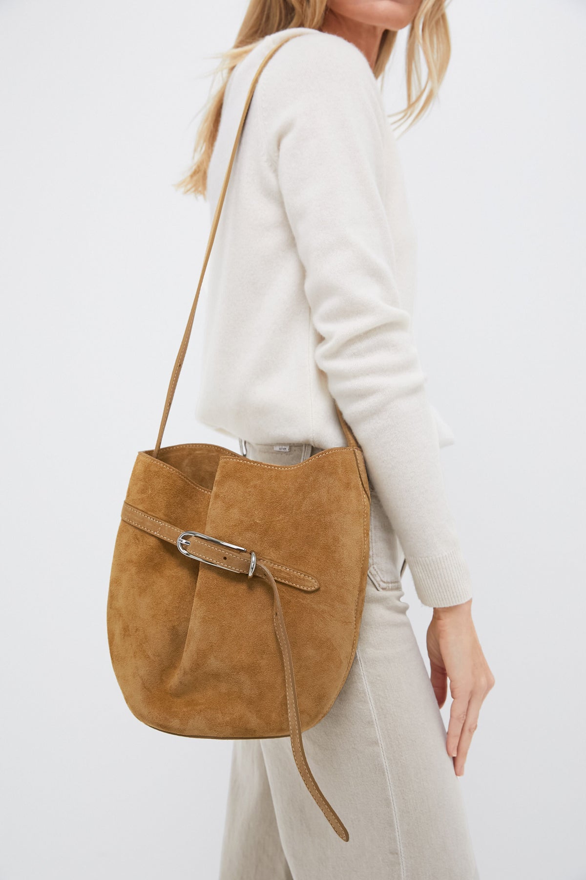 Beige Cow Suede Belted Bucket Bag