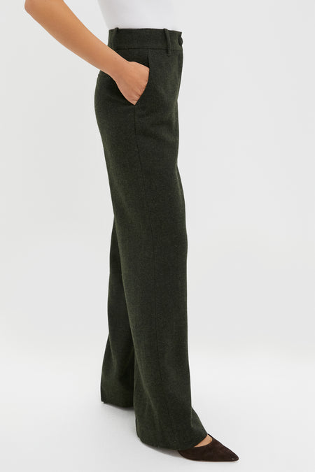 Hunter Green Tweed Herringbone Wide Leg Watson Trousers