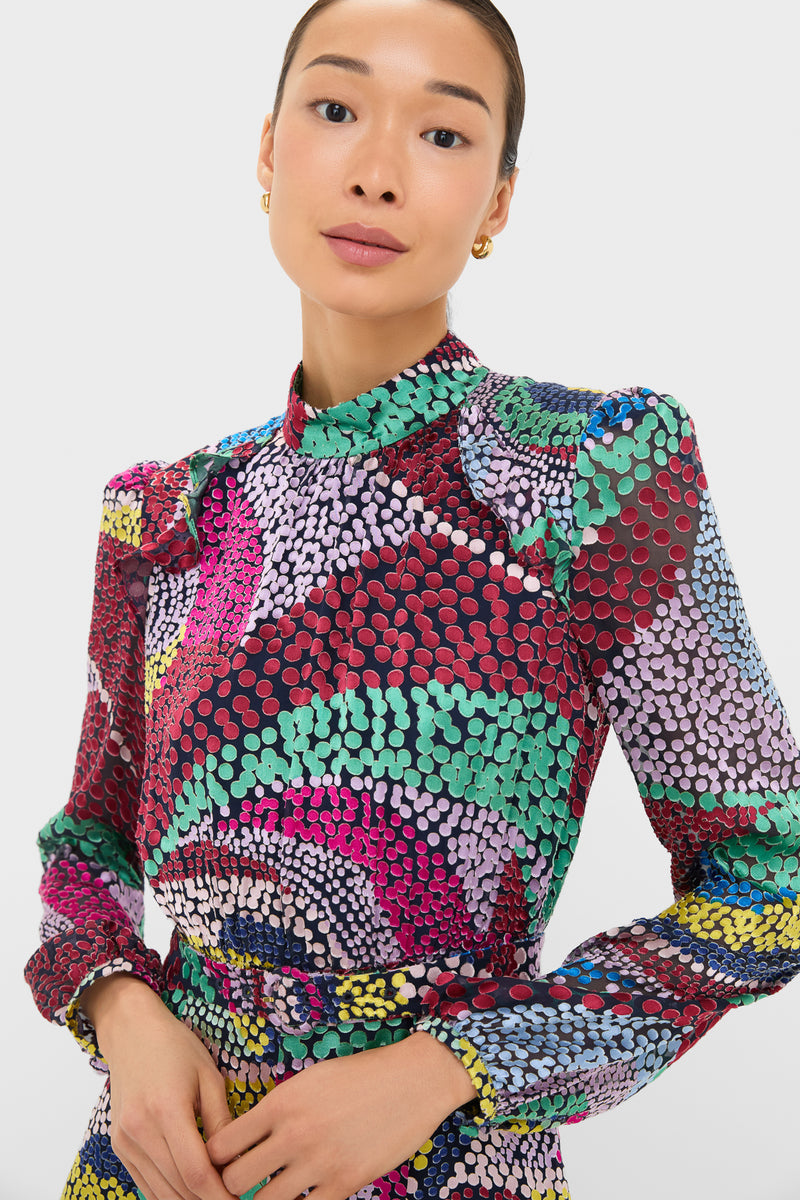 Jangle Jacqui-B Dress: A classic, high-end blouse featuring a vibrant, abstract dotted pattern. Effortless elegance with a mock neck and matching belt, perfect for fun occasions.