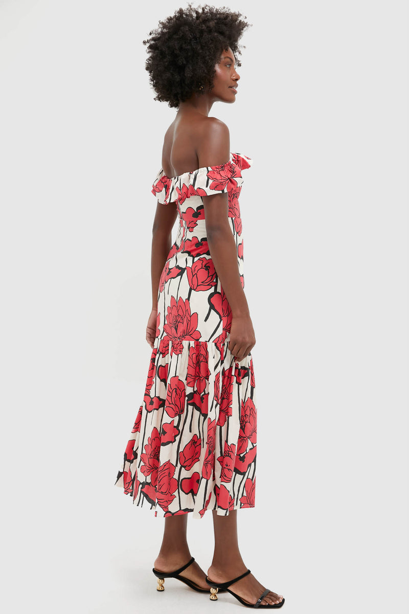 Red & Cream Floral Floral Off-the-Shoulder Giselle Dress
