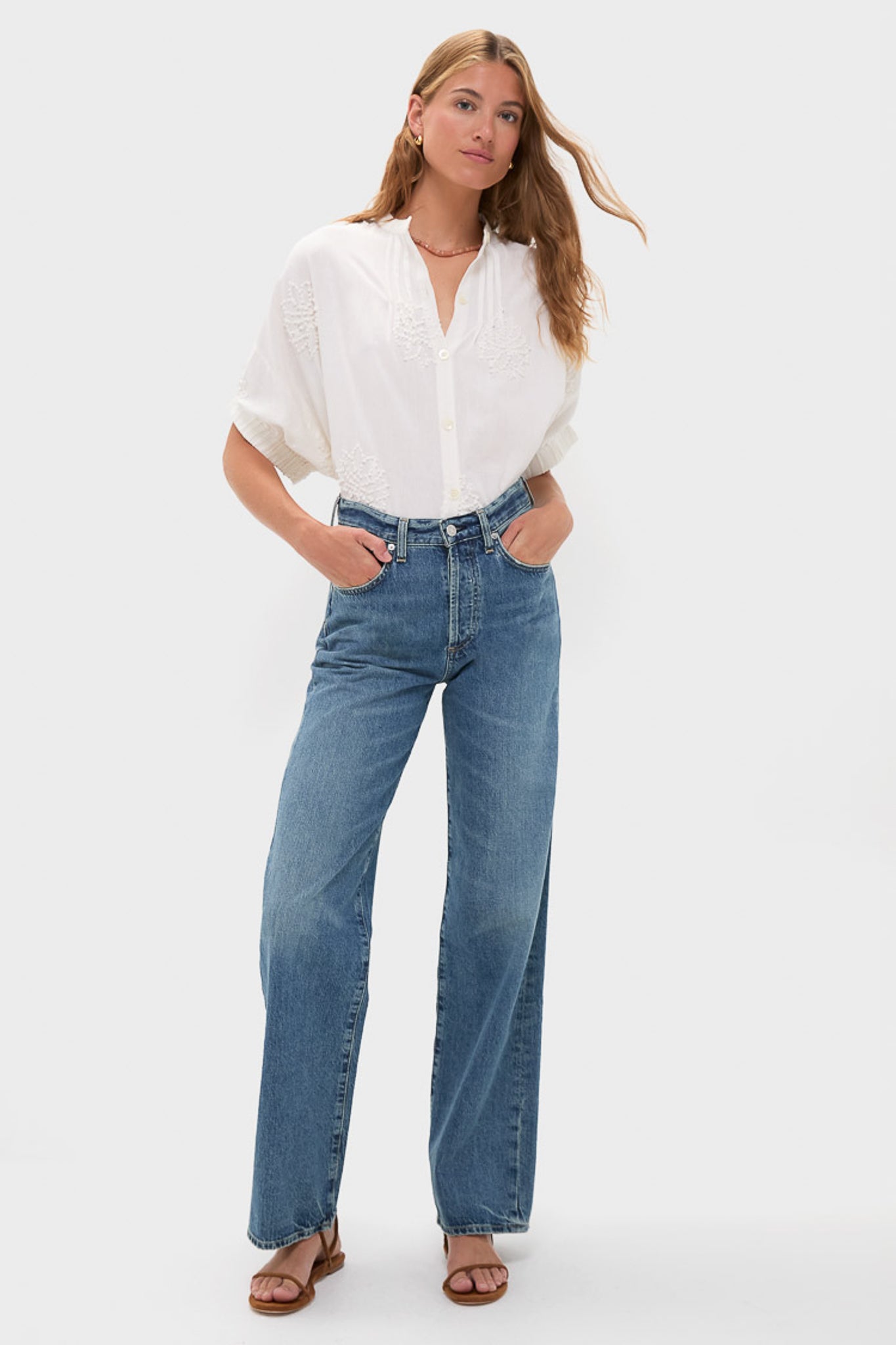 French Knot Floral Sand Mandarin Collar Top | Love Tomas by