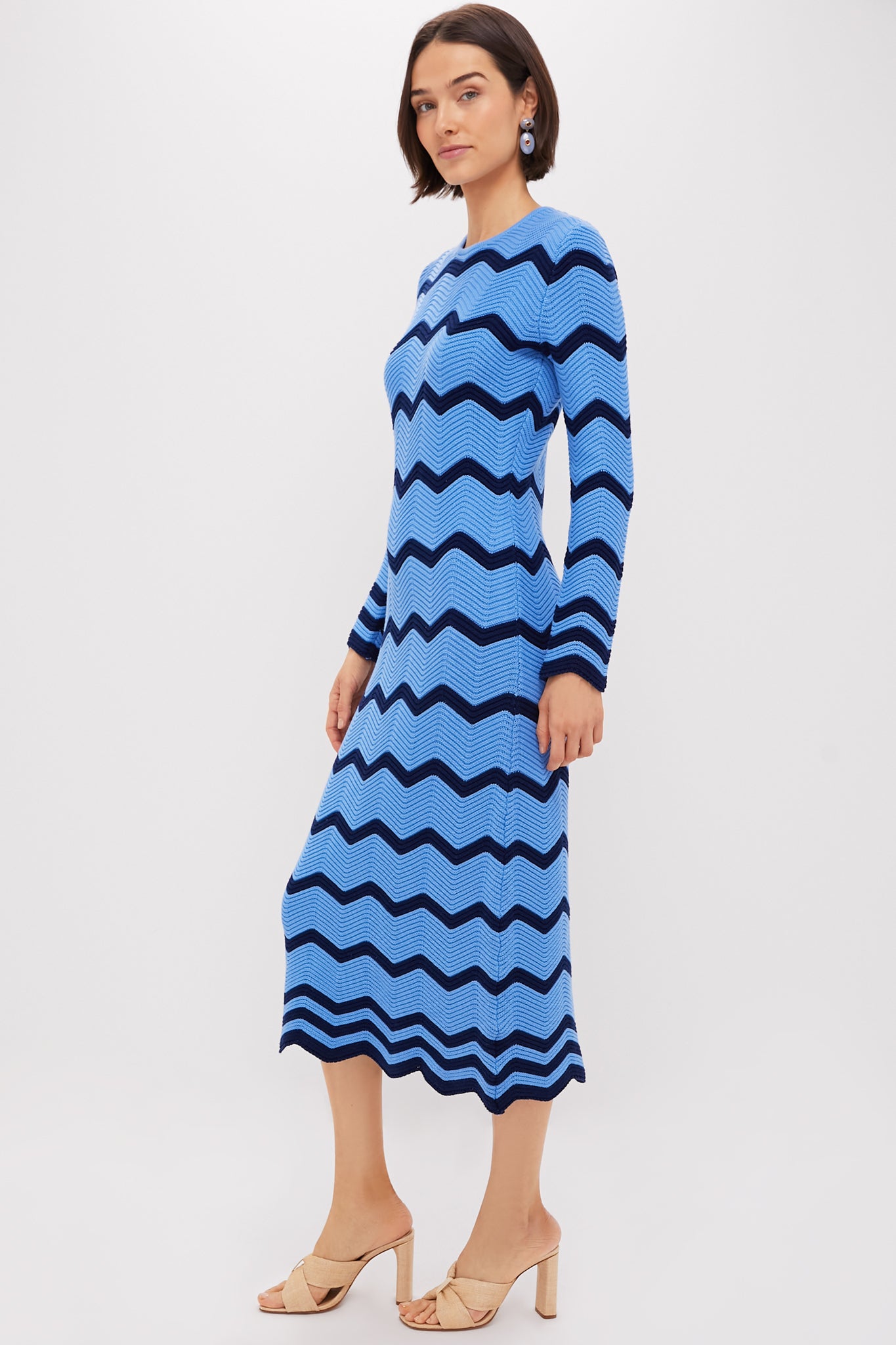 Cornflower Blue & Navy Zig-Zag Stripe Callan Knit Midi Dress