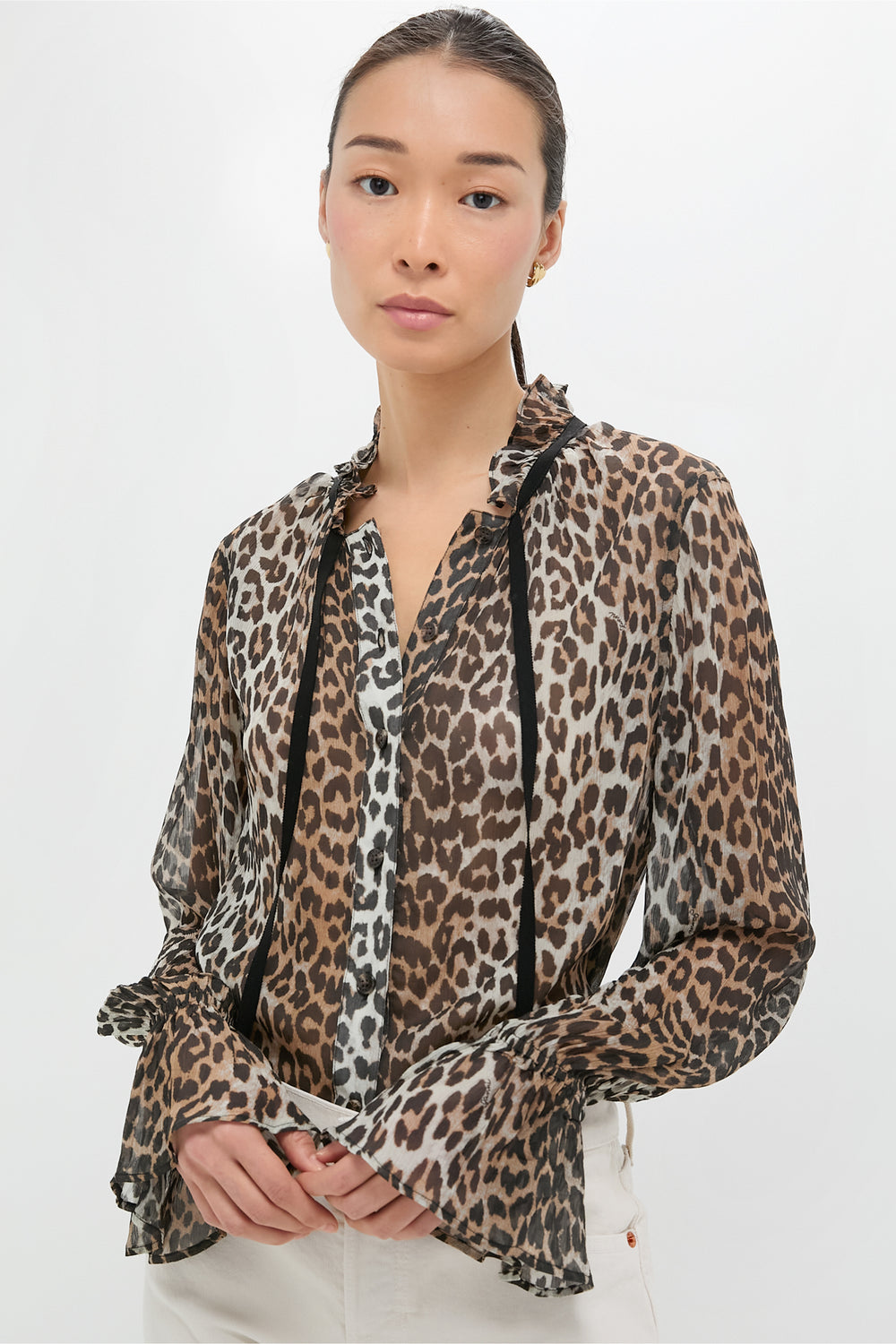 Leopard Printed Viscose Chiffon Tie String Shirt