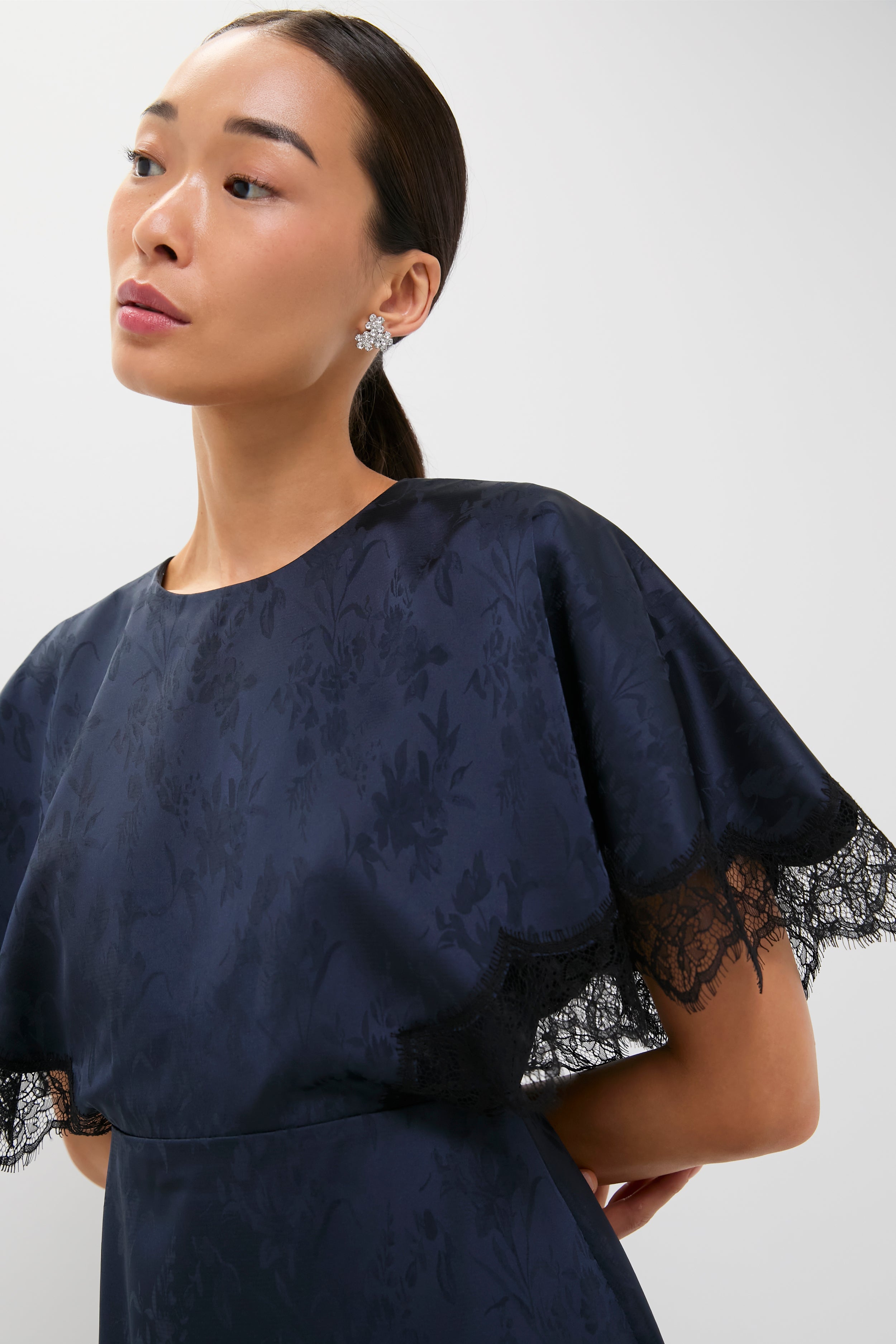 Navy Jacquard and Black Lace Cape Leah Dress | Tuckernuck