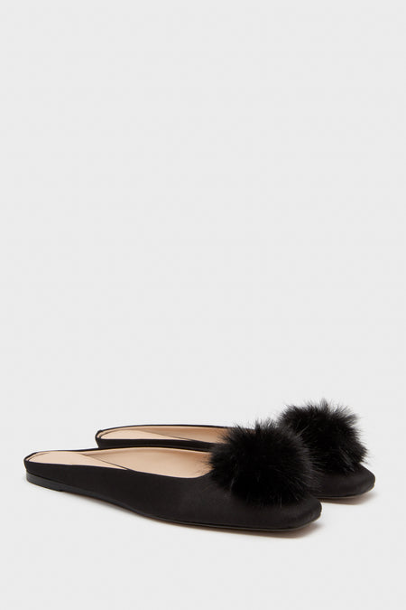 Black Silk Faille Nilli Flats with Pom Pom