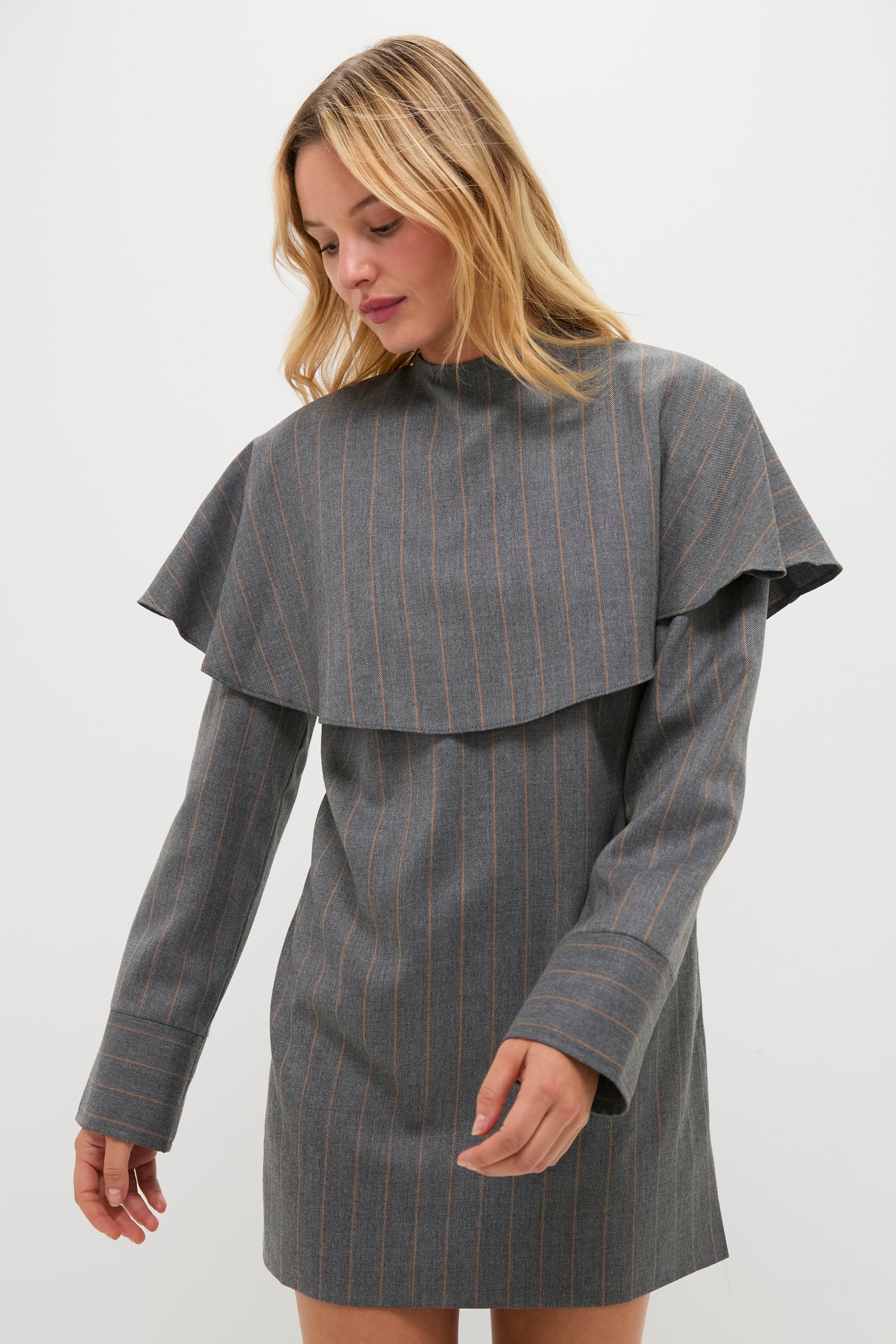 Pewter Brushed Wool Stripe Circle Collar Mini Dress