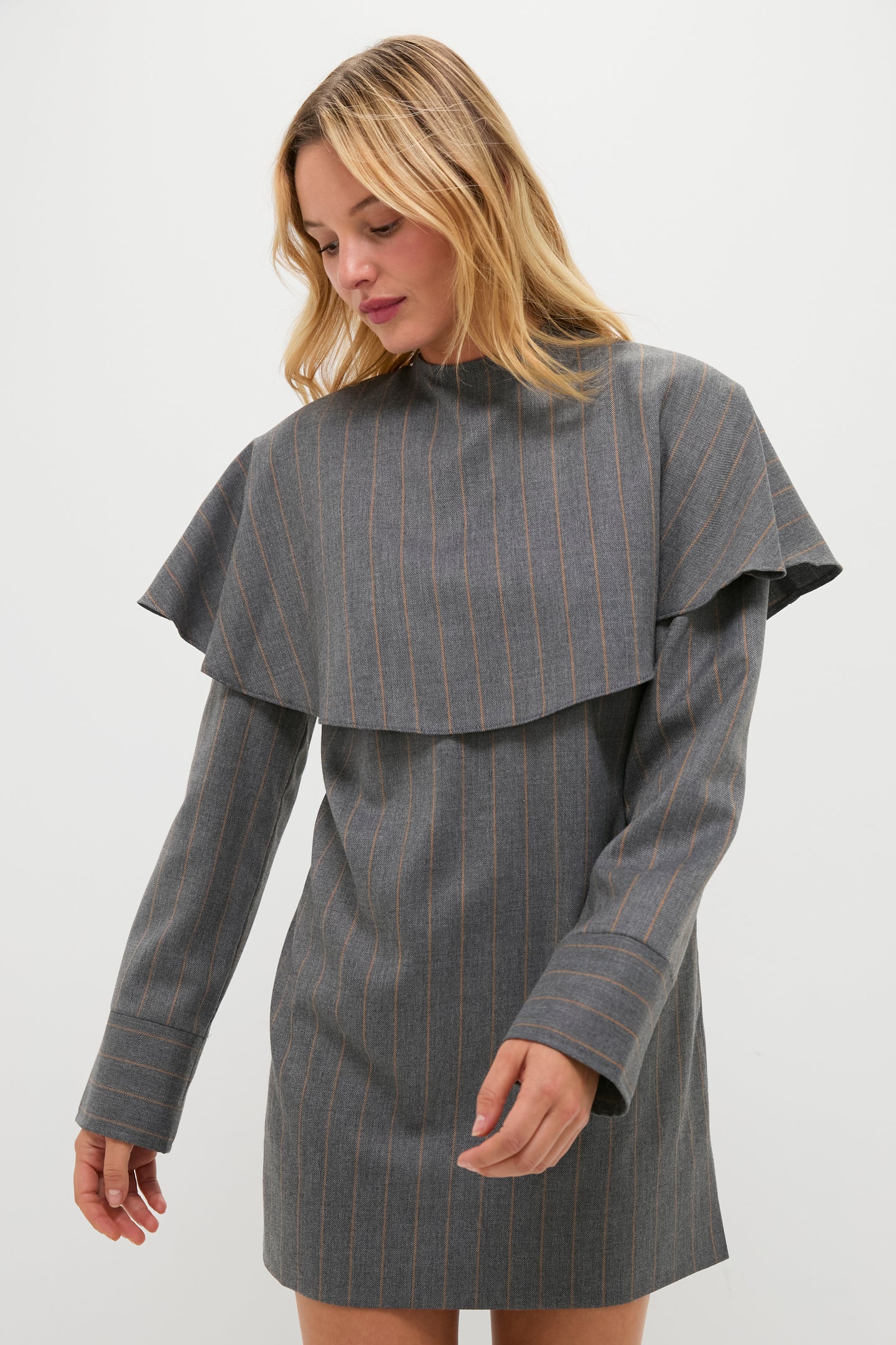 Pewter Brushed Wool Stripe Circle Collar Mini Dress