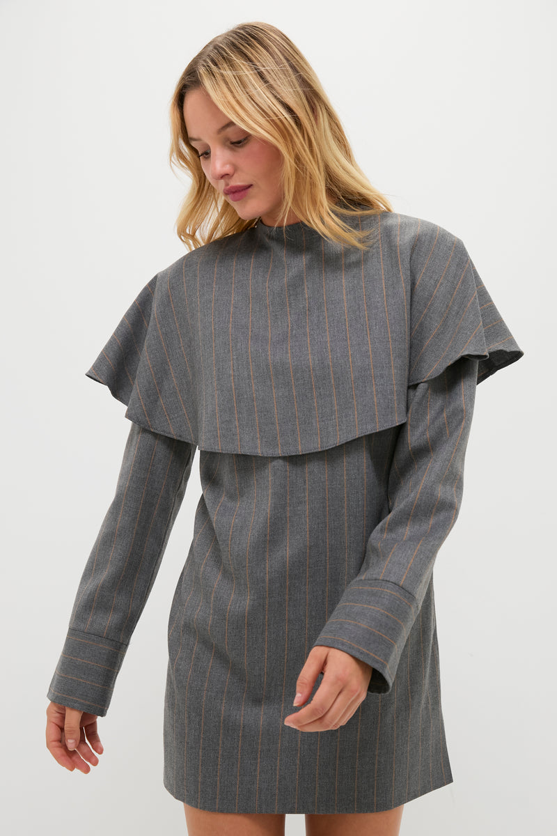 Pewter Brushed Wool Stripe Circle Collar Mini Dress