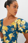 Nora Floral Navy Leiria Midi Dress features a classic scoop neckline, effortless puff sleeves, and high-end floral design. Ideal for fun occasions, exuding elegance and confidence.