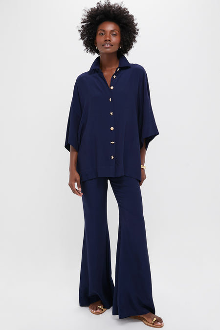 Navy Viscose Charmeuse Moore Wide Leg Pant