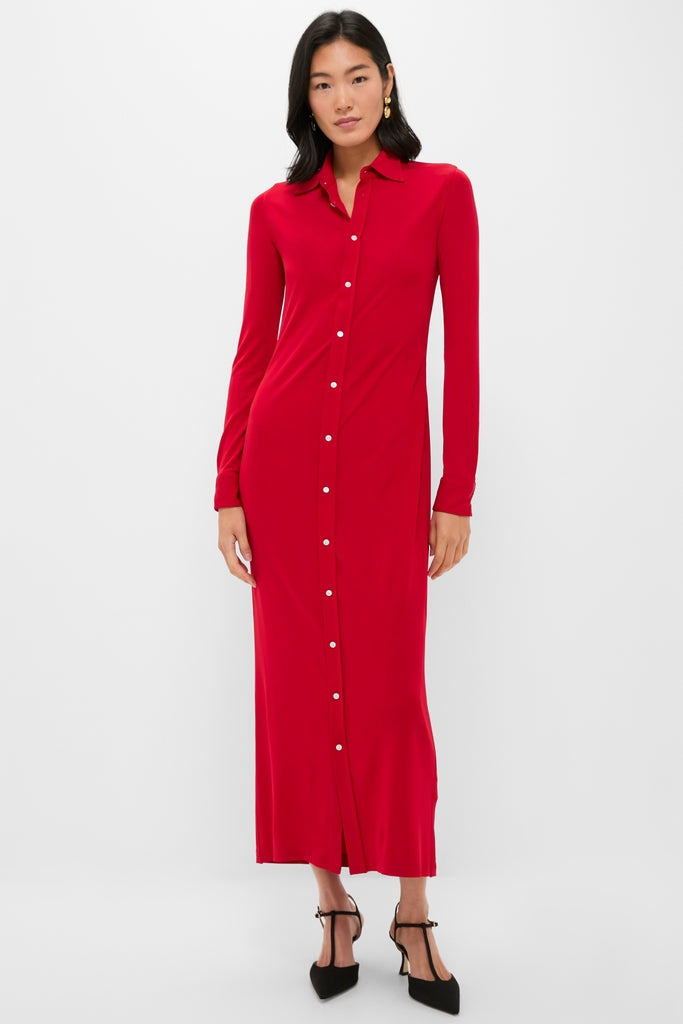 Park Avenue Red Matte Jersey Knit Collared Dress