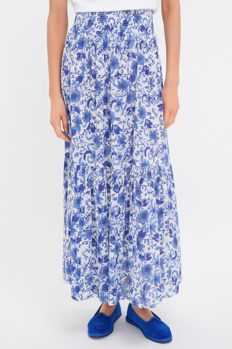 Exclusive Blue Morning Flower Print Shirred Skirt